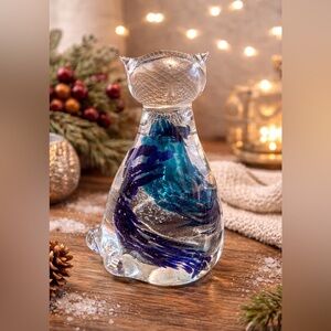 Art Glass Cat Figurine Blue Swirl Paperweight Hand Blown Style Decorative Glass